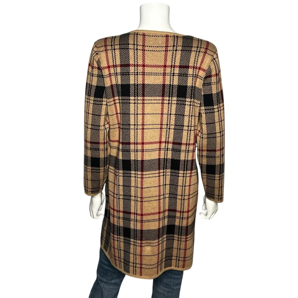 Anne Klein Tan Plaid 3/4 Sleeve Casual Long Cardigan Sweater Womens Size Large - Picture 3 of 6